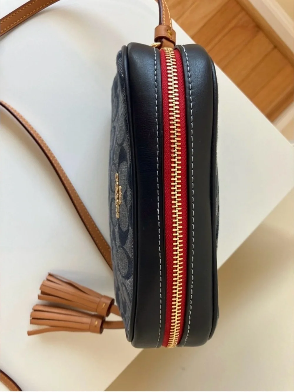 Coach Mini Camera Bag in Signature Chambray Blue and Red